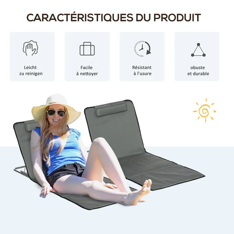 Outsunny Lot de 2 tapis de plage pliants avec dossier réglable 5 positions, appui-tête, tissu Oxford, sac de transport