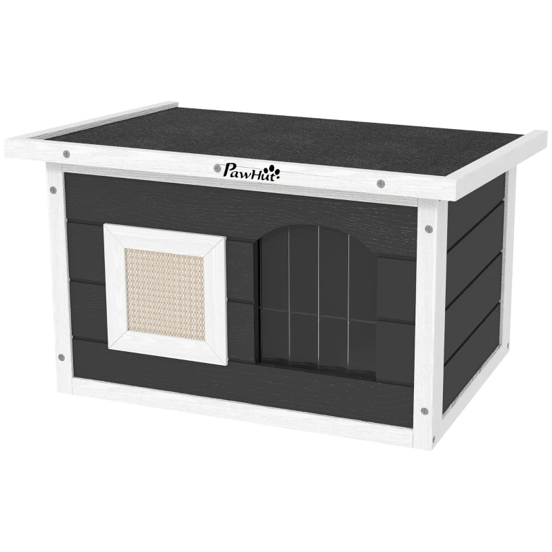 PawHut houten kattenhuis waterdicht met opklapbaar bitumendak, uitneembare krabmat, verhoogde bodem, kattenhol, kattenbox voor buiten in de tuin, 61x45x36,5 cm, grijs