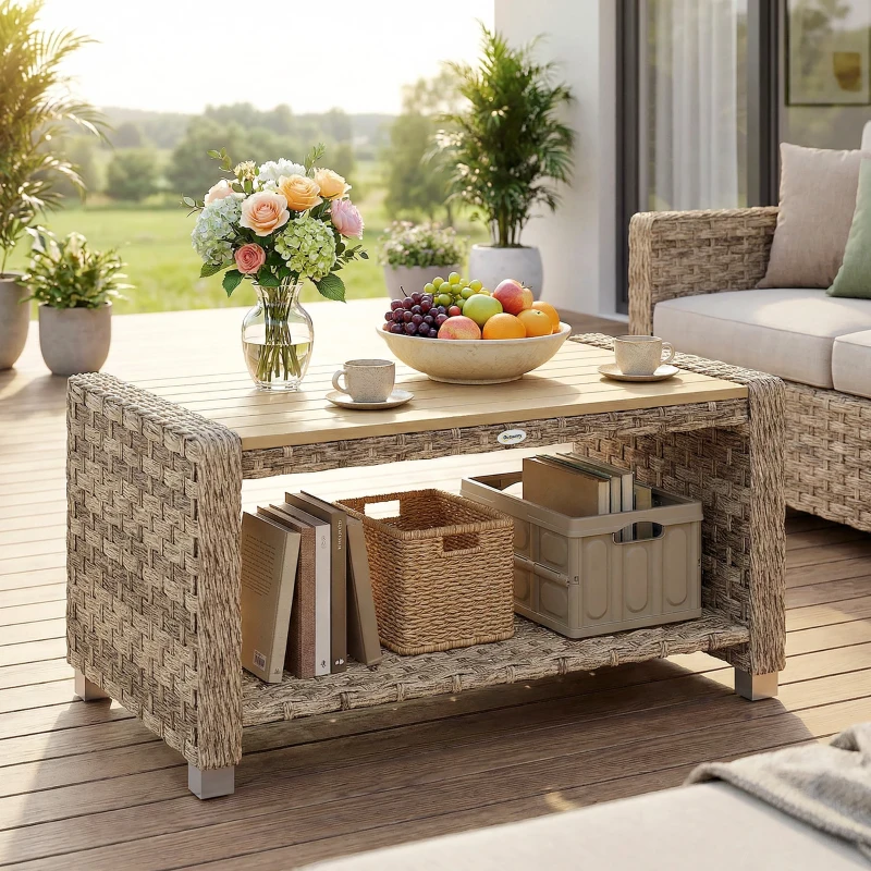 Outsunny Outdoor Coffee Table with Storage Shelf, PE Rattan Side Table with Slatted Top and Foot Pads, Light Brown