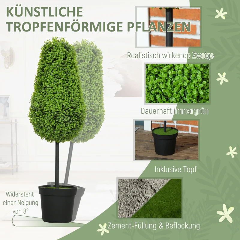 HOMCOM Set van 2 Kunstmatige Buxus 90cm Kunstplant in Traanvorm, Plastic Kunstplanten in Pot Moderne Decoratie