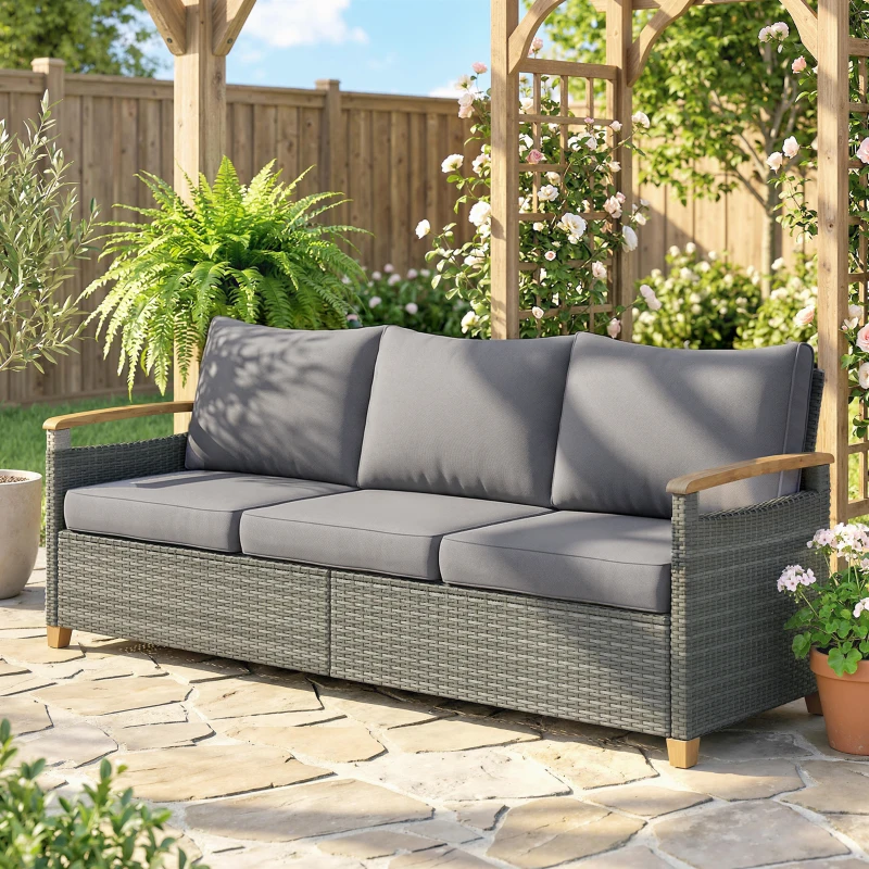 Outsunny 3 Seater Rattan Garden Sofa, PE Wicker Outdoor Sofa Wide Deep Seat, 4" Cushions, Wood-Effect Armrests Legs, Dark Grey