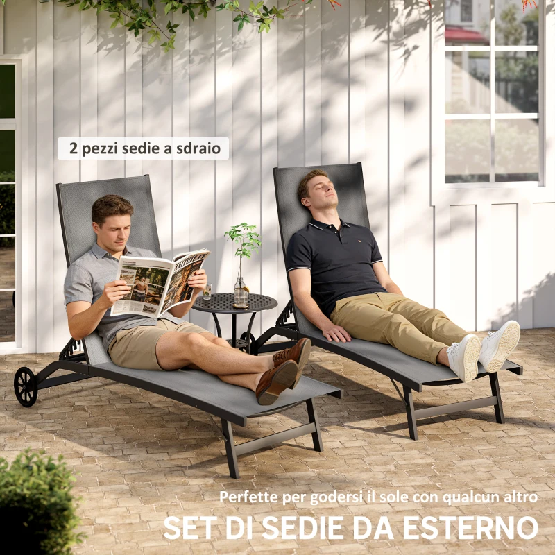 Outsunny Set 2 Lettini Prendisole con Schienale Reclinabile, in Alluminio e Tessuto Traspirante, 66x165x102 cm, Grigio Scuro