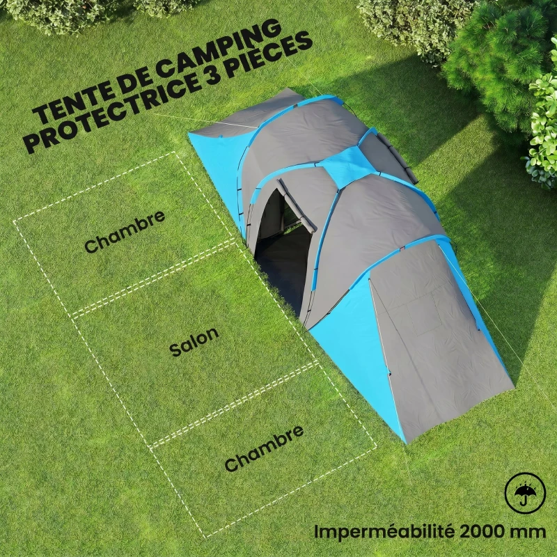 Outsunny Tente de camping familiale 4 pers. étanche facile à monter 2 grandes portes dim. 5,55 x 2,25 x 1,9 m gris foncé et bleu