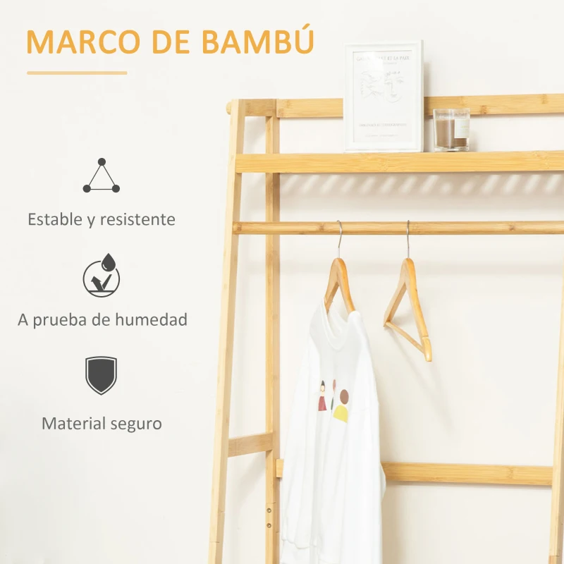 HOMCOM Perchero de Pie de Bambú Perchero Trapezoidal con Estantería de 3 Niveles con Barra y Colgador 70x42x164 cm Natural