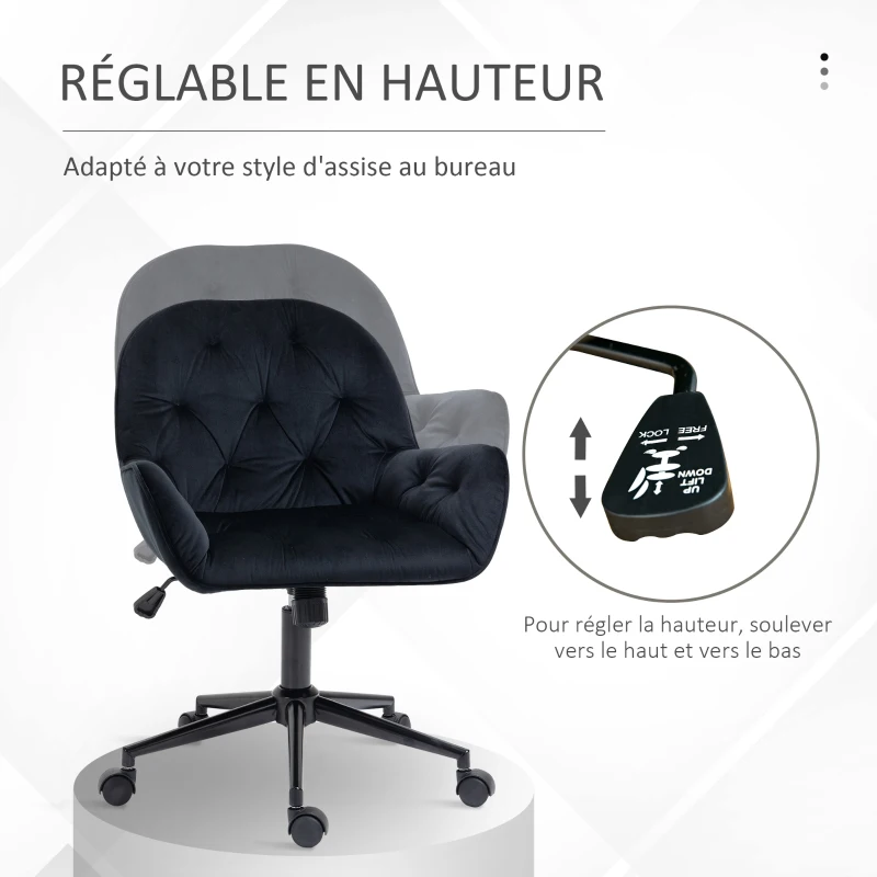 Vinsetto Chaise de bureau, fauteuil de bureau en velours, siège pivotant à 360°, réglable en hauteur, 60 x 61 x 81-91 cm, noir