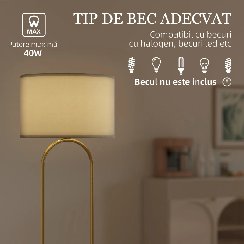 HOMCOM Lampadar Modern cu Abajur din Țesătură, Tub Dublu Metalic și Comutator cu Pedală, Auriu