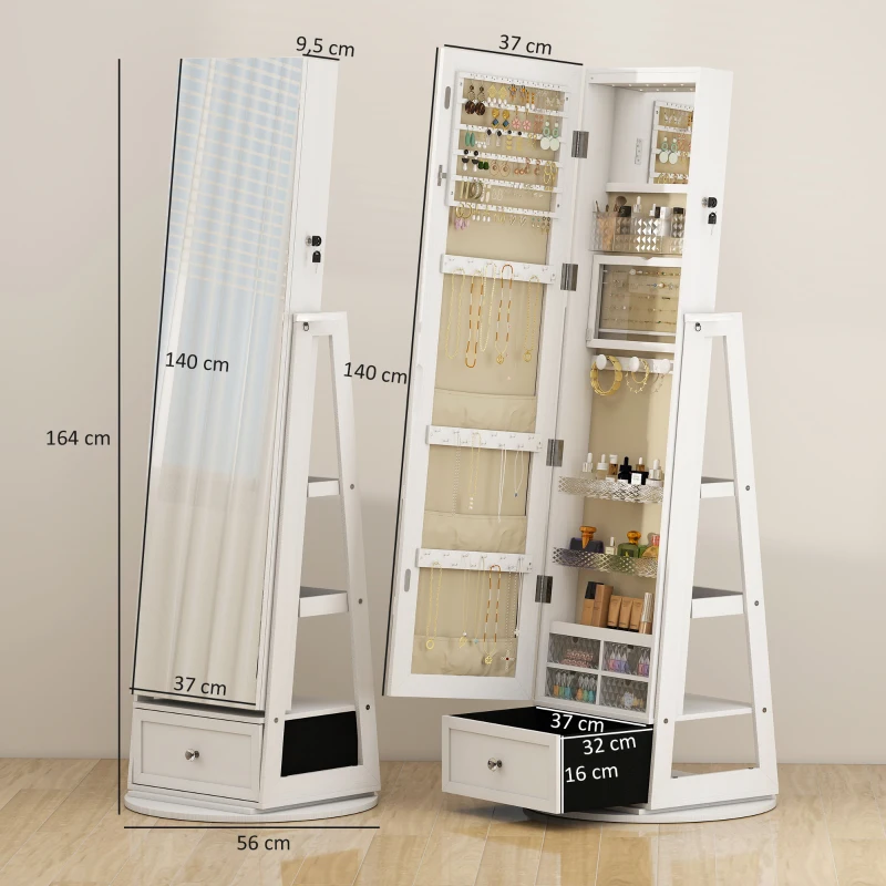 HOMCOM Espejo Joyero con Luces LED Armario Joyero con Espejo Entero Giratorio de 360° Cajón Cerradura Blanco