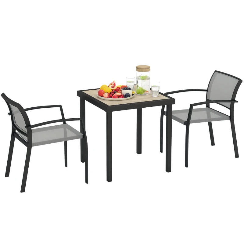 Outsunny 3-delig eetset, buitentafel in houtlook, 2 stoelen, weerbestendig, stalen frame, terrasmeubels, Grijs