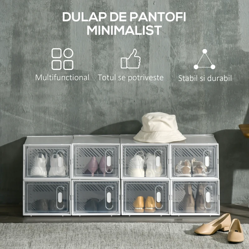 HOMCOM Dulap Modular pentru Pantofi cu 8 Cuburi de Depozitare și Ușă Magnetică, din PP, 25x35x19 cm, Alb și Transparent