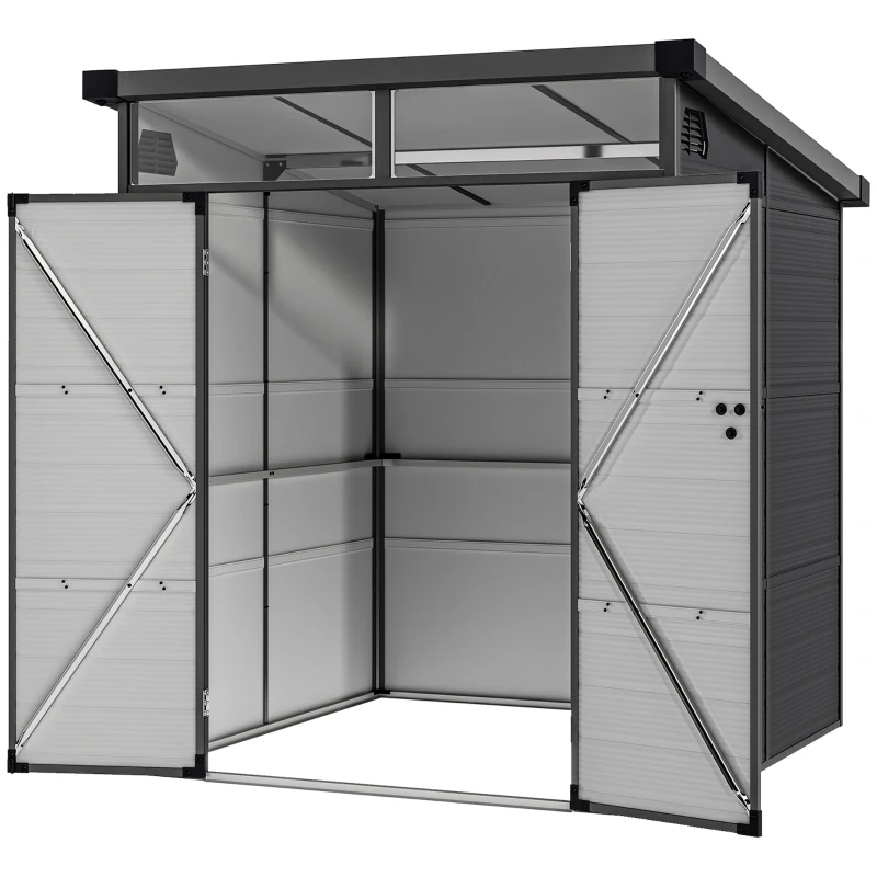 Outsunny 1,9 x 1,9 m Tuinhuis, Gereedschapsschuur van Kunststof, Afsluitbare Deuren, 2 Ventilatieopeningen, Donkergrijs(m-10)