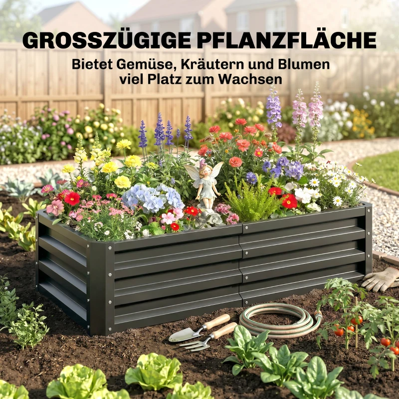 Outsunny Hoge plantenbak, weerbestendig, open bodem, verzinkt staal, 120 cm x 60 cm x 30,5 cm, Grijs