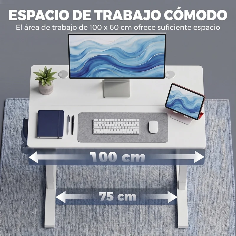 HOMCOM Escritorio Elevable Eléctrico 100x60 cm con 3 Memorias Pantalla LED 2 Ganchos y 2 Pasacables Blanco