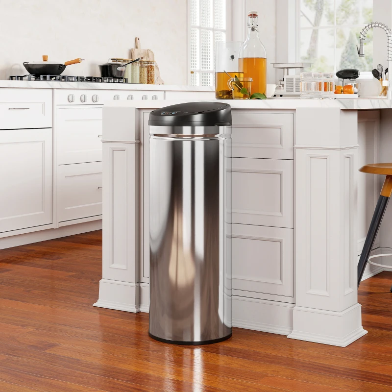 HOMCOM Poubelle cuisine automatique 50L acier inoxydable, poubelle à couvercle à fermeture en douceur, 30,5x30,5x85cm, argent