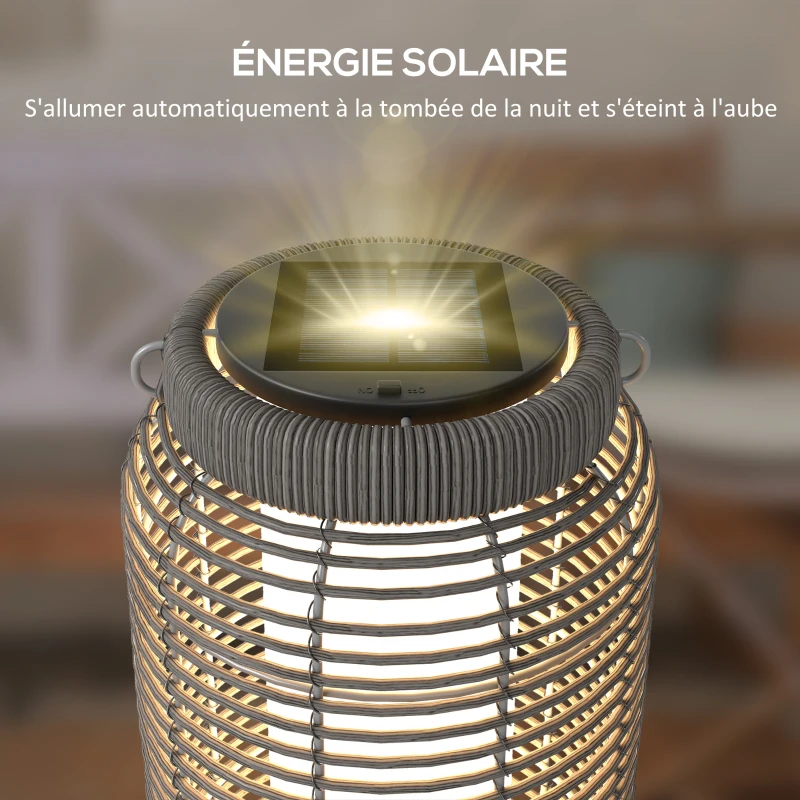 Outsunny Lampadaire d'extérieur solaire en résine tressée luminaire LED de jardin en acier marche/arrêt automatique gris