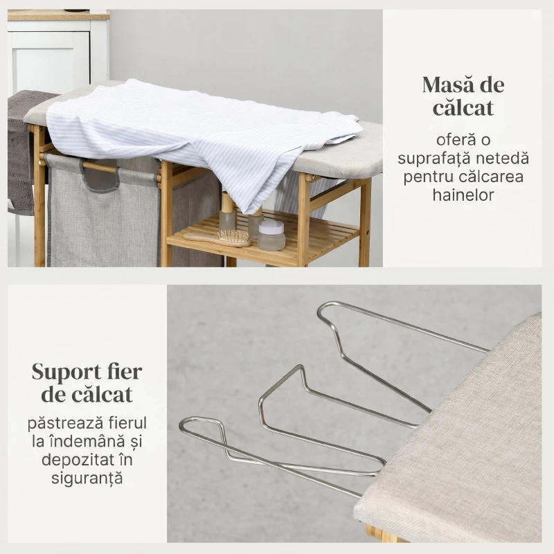 HOMCOM Coș pentru rufe din bambus și poliester cu masă de călcat și raft cu 3 niveluri, 113x34x82 cm