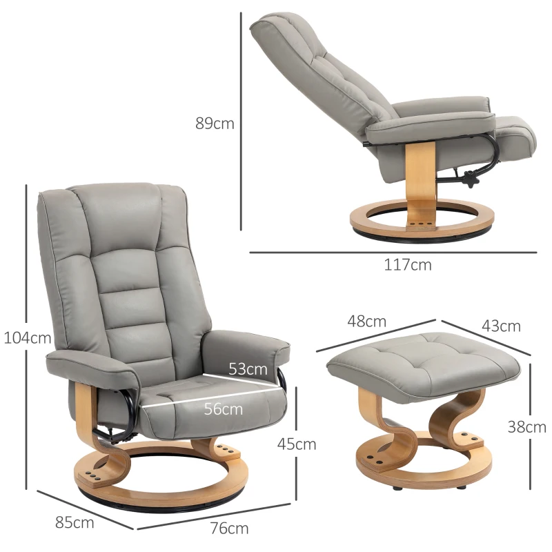 HOMCOM Relaxfauteuil met Voetenbankje, Draaibaar & Kantelbaar, Kunstlederen Bekleding, tot 150 kg, Houten Frame, Grijs