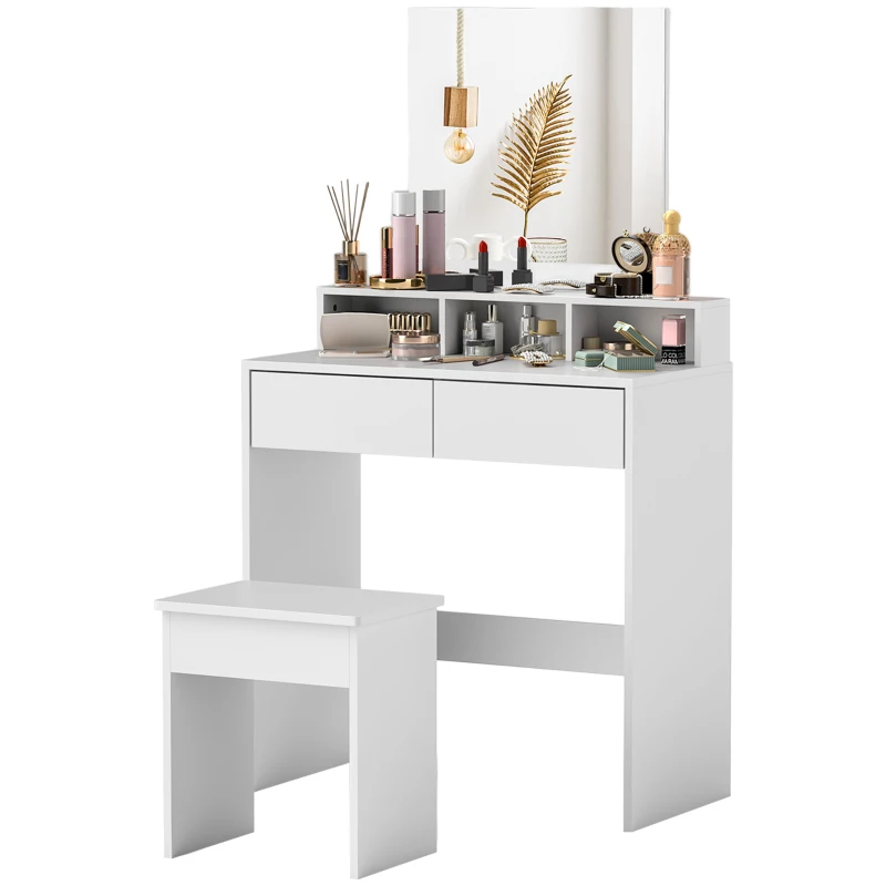 HOMCOM Masă de Machiaj cu Oglindă, 3 Rafturi, 2 Sertare și Scaun, din Lemn, 75x38x135 cm, Alb