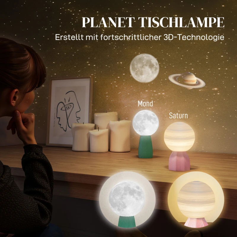 HOMCOM tafellampenset in planeten-Optiek, 3-kleurig, USB, kunststof, wit