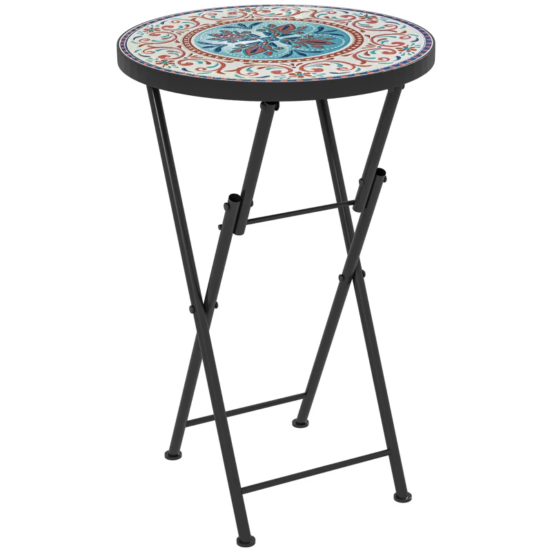 Outsunny Mozaïek Tuintafel, Opvouwbare ronde terrastafel met Metalen Frame en Keramische Tafelblad, Mozaïekpatroon, Meerkleurig