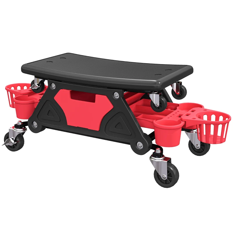 HOMCOM Werkplaatskruk met Afneembare Zitting en Wielen, Opbergruimte, 33cm Hoog, Tot 135 kg, Rood