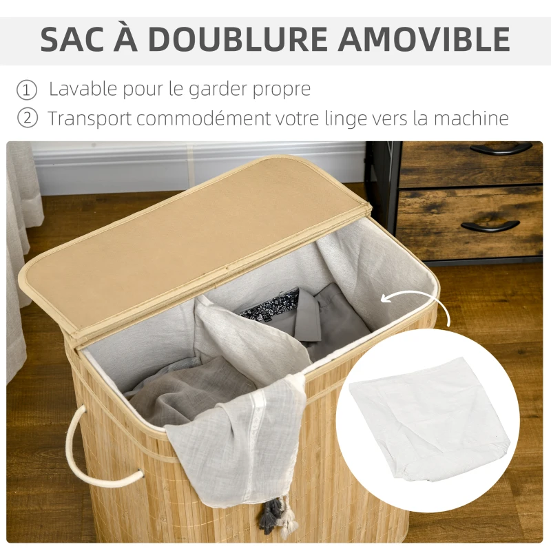 HOMCOM Panier à linge en bambou avec couvercle et poignées capacité 90 litres avec 2 sections et un sac amovible en tissu - 54,2 x 35,2 x 59,5 cm