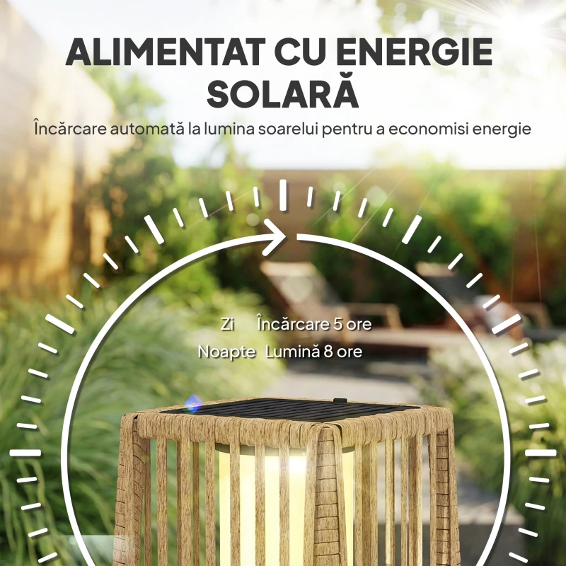 Outsunny Lampă de Podea Solară din Ratan, Lanternă de Grădină cu LED Auto On/Off, 68 cm, IP44, pentru Terasă, Curte, Patio, Maro Nisipiu