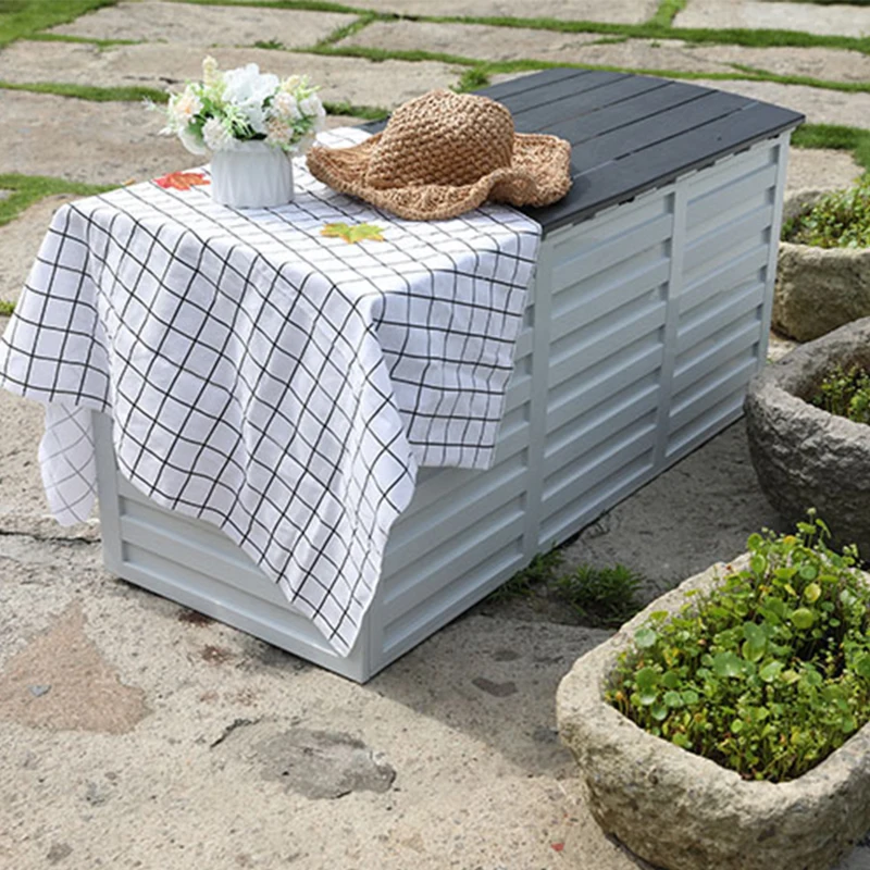 Outsunny Coffre de Jardin Malle de Rangement dim. 112L x 49l x 53H cm 2 roulettes polypropylène texturé Imitation Lattes de Bois Blanc Gris