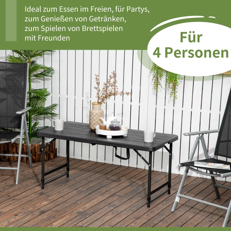 Outsunny buitentafel, tuintafel, voor 4 personen, opvouwbaar, in hoogte verstelbaar, houtlook, grijs+zwart, 118 x 60 x 74 cm