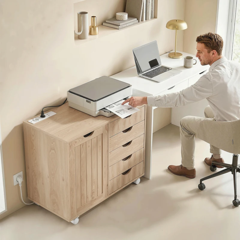 HOMCOM Mueble para Impresora con Estación de Carga y Ruedas 5 Cajones Puertos USB Estante Ajustable Natural