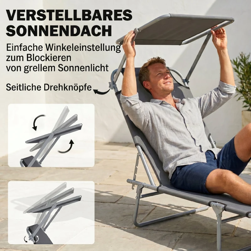 Outsunny Klapbare ligstoel met zonnescherm, verstelbare rugleuning, metalen frame, 187 x 58 x 36 cm, grijs