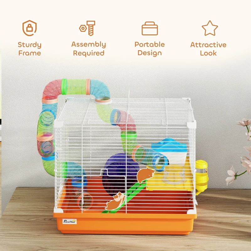 PawHut 2 Tier Hamster Cage, Gerbil Cage with Handle, Exercise Wheels, Tunnel, Water Bottle, Dishes, Ladder, for Dwarf
