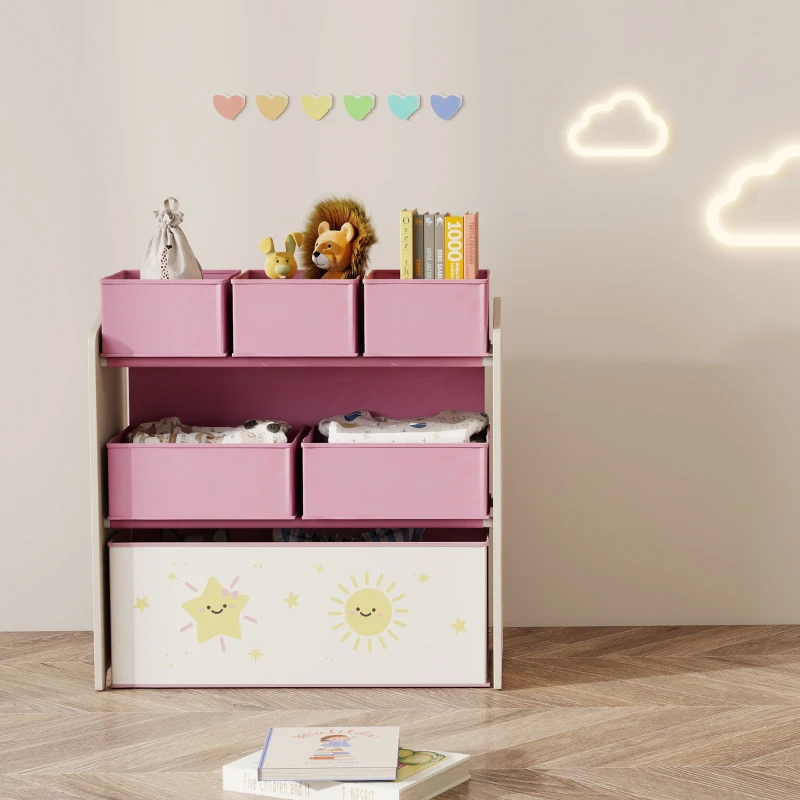 AIYAPLAY Scaffale Portagiochi Mobile Porta Giocattoli 3 Livelli 6 Cesti, Rosa