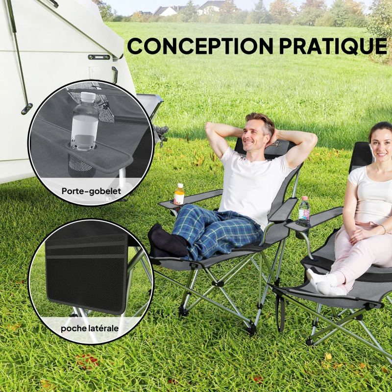 Outsunny Lot de 2 chaises de camping pliante inclinable avec repose-pieds, sac de rangement, porte-gobelet et appui-tête, gris