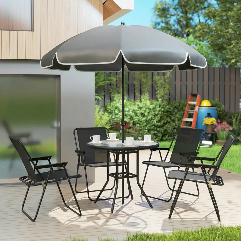 Outsunny 4 Seater Garden Furniture Set, 6 Pieces Garden Table and Chairs with Parasol for Patio, Black