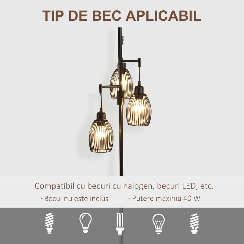 HOMCOM Lampadar Industrial cu 3 Abajururi și Intensitate Reglabilă, din Oțel, 30x30x170,5 cm, Negru