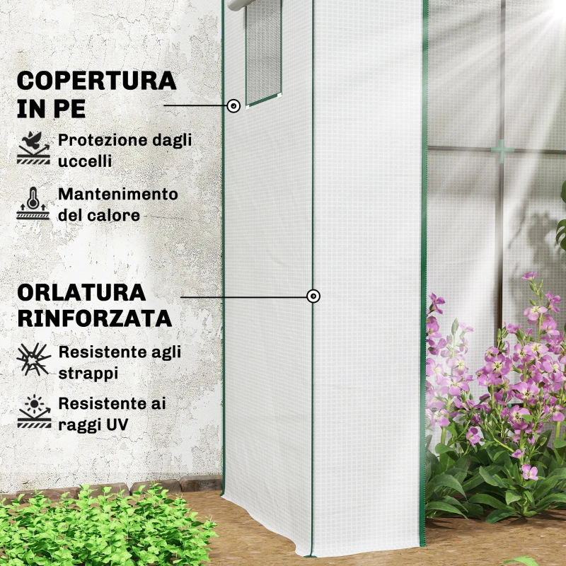 Outsunny Serra per Piante con 2 Finestre Laterali a Rete e Ingresso Avvolgibile, in PE e Acciaio, 196x77x197 cm, Bianco