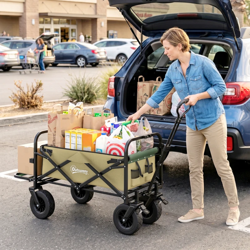 Outsunny Cărucior de grădină 110L cu mâner telescopic și bază rabatabilă din oțel și material textil Oxford, culoare kaki