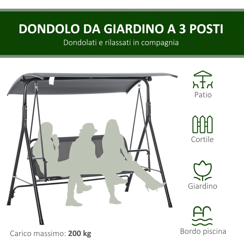 Outsunny Dondolo 3 Posti con Tettuccio Inclinabile e Cuscini, in Acciaio e Poliestere, 172x110x153 cm, Grigio