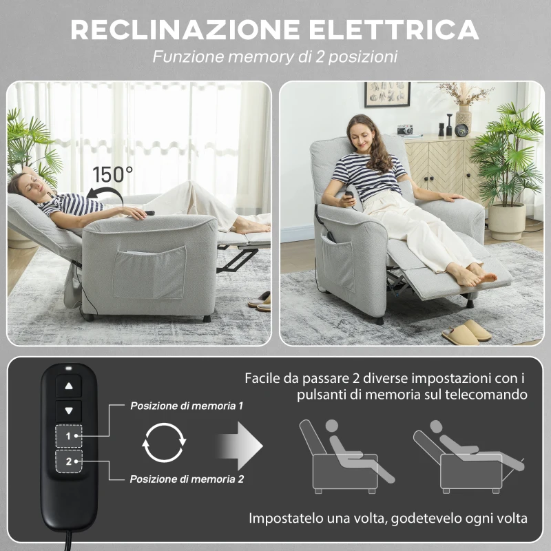 HOMCOM Poltrona Reclinabile con Riscaldamento, 8 Punti Massaggio e 5 Modalità, Tessuto Ciniglia, Grigio Chiaro