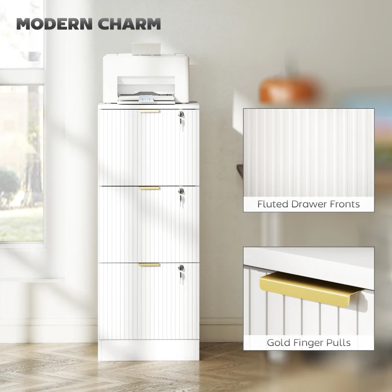 HOMCOM Filing Cabinet, Fluted Vertical File Cabinet with 3 Lockable Drawers and Hanging Rails, White