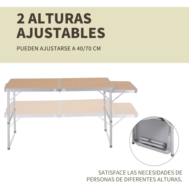 Mesa Plegable de Camping Portátil con Ala Abatible Mesa de Picnic de Encimera MDF Estructura Ligera de Aluminio Carga 30kg Altura Ajustable 153x60x39/71 cm