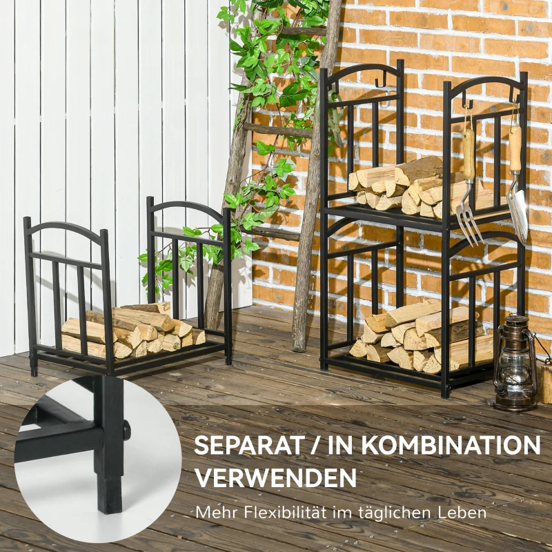 Outsunny Haardhoutrek voor binnen 46 x 32 x 126 cm – 3 niveaus, 4 haakjes, metaal, zwart