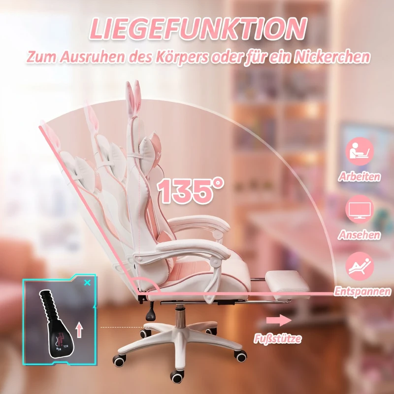 Vinsetto Gamingstoel Ergonomische Gamerstoel met lendensteun, voetsteun, konijnenoren, hoofdkussen Roze(m-6)