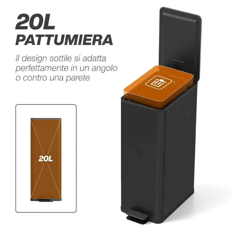 HOMCOM Cestino Spazzatura 20L con Chiusura Ammortizzata e Secchio Rimovibile, in Acciaio e PP, 21.5x37.2x57 cm, Nero