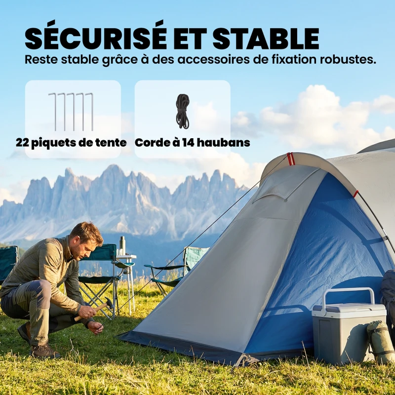 Outsunny Tente de Camping Double Couche Tunnel Familiale 4-5 Personnes 2 Chambres et Séjour pour 12 Personnes Bleu