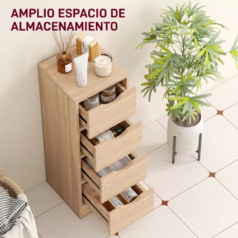HOMCOM Armario de Baño Estrecho con 4 Cajones y Asas Ranuradas para Espacios Reducidos 29x29x83 cm Madera Natural