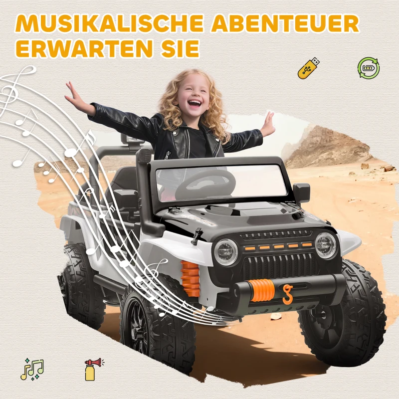 AIYAPLAY Elektrisch voertuig voor kinderen, 12V accu, met ouder-kind-zitje, bestuurbaar op afstand, muziek, claxon, LED-lichten, 3-8 jaar, Wit