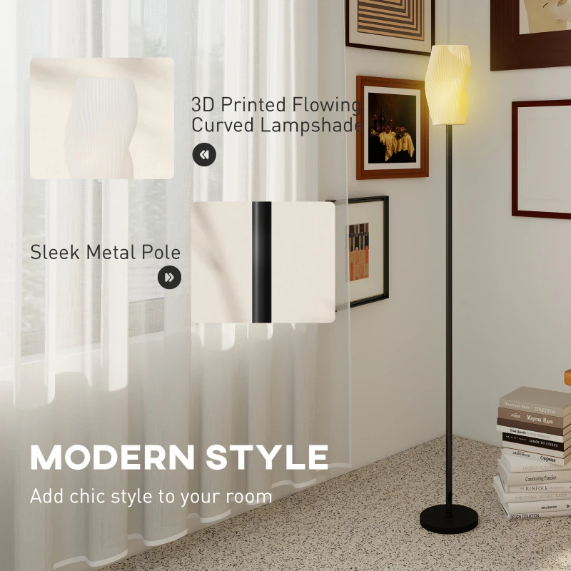 HOMCOM Floor Lamp for Living Room, 3D Printed Modern Standing Lamp with Flowing Curved Shade, 3 Colour Temperature & Foot Switch, Minimalist Tall Pole Lampshade for Bedroom, Office, White