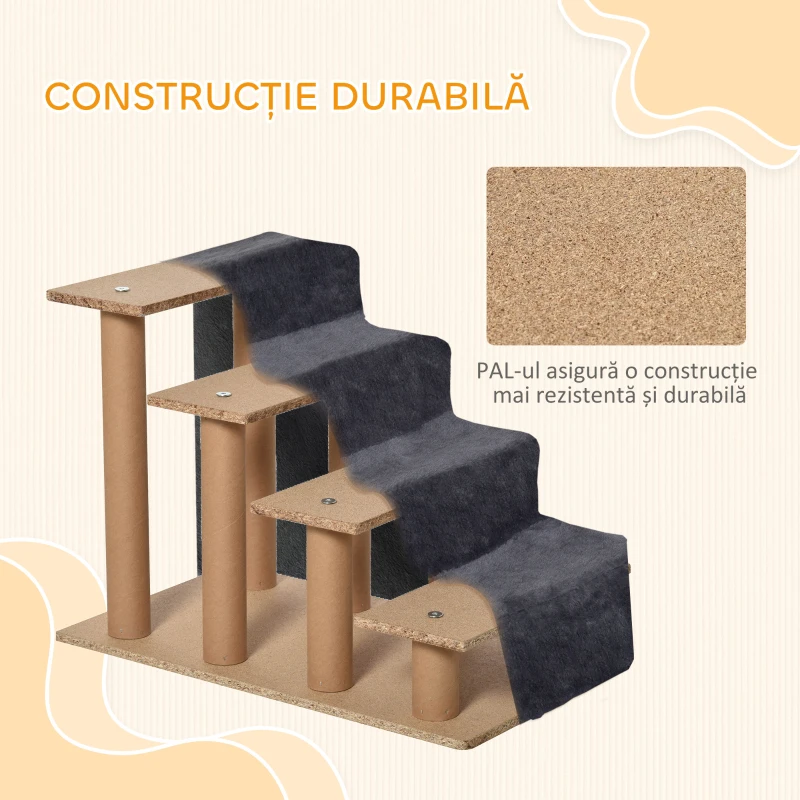 PawHut Scară Portabilă pentru Câini cu 4 Trepte, din Material de Catifea Detașabil și Lemn, 60x35x44 cm, Gri Închis