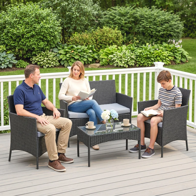 Outsunny 4 Piece Rattan Garden Furniture Sofa Set with Loveseat, Armchairs, Glass-Top Coffee Table and Cushions, Black
